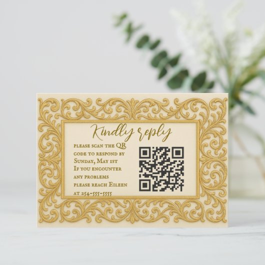 Golden Ever After QR Code Wedding RSVP Kaart (Staand voorkant)