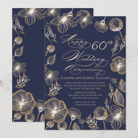 Golden exotische bloemen 60th Wedding Jubileum Kaart (Voorkant / Achterkant)