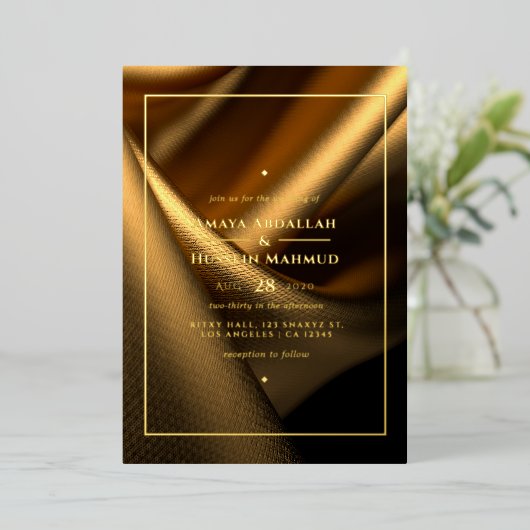 Golden Fabric Bruiloft Folie Uitnodiging (Staand Voorkant)