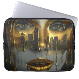 Golden Face Surrealist City Urban Digital Art Laptop Sleeve