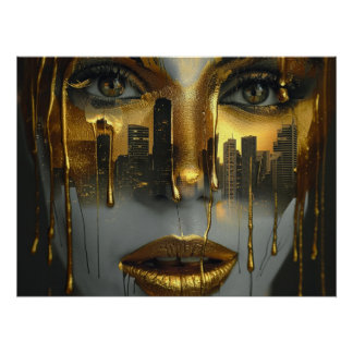 Golden Face Surrealist City Urban Digital Art Perfect Poster
