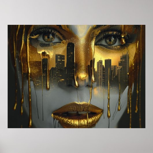 Golden Face Surrealist City Urban Digital Art Poster (Voorkant)