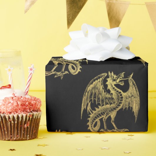 Golden Fantasy dragon party wrapting paper Cadeaupapier (Verjaardagsfeest)