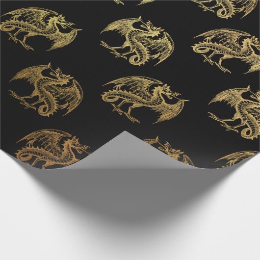Golden Fantasy dragon party wrapting paper Cadeaupapier (Hoek)