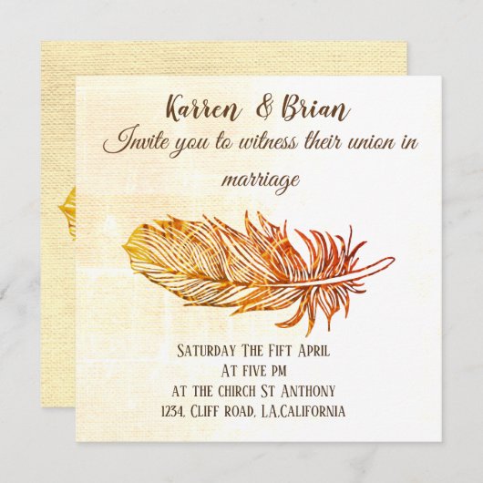 Golden Feather bruiloft uitnodiging (Voorkant / Achterkant)