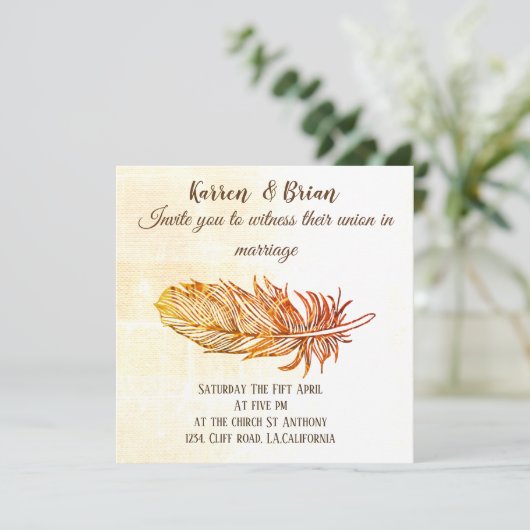 Golden Feather bruiloft uitnodiging (Staand voorkant)