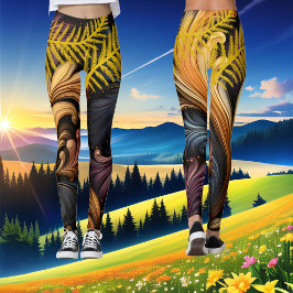 Golden Feathers Abstracte kunst Levendig Donker Pa Leggings