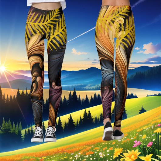 Golden Feathers Abstracte kunst Levendig Donker Pa Leggings