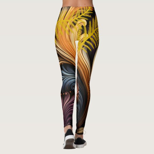 Golden Feathers Abstracte kunst Levendig Donker Pa Leggings (Achterkant)