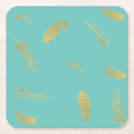 Golden Feathers Aqua Kartonnen Onderzetters (Voorkant)