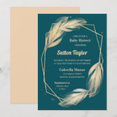 Golden Feathers op Blauwgroen Baby shower Kaart (Voorkant / Achterkant)