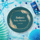 Golden Feathers op Blauwgroen Baby shower Papieren Bordje (Feest)