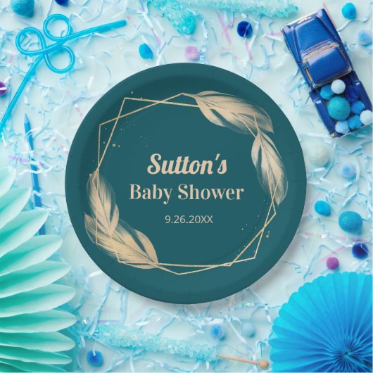 Golden Feathers op Blauwgroen Baby shower Papieren Bordje (Feest)