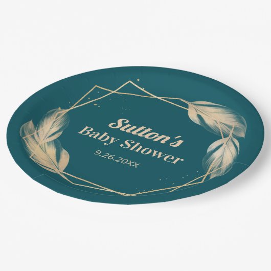 Golden Feathers op Blauwgroen Baby shower Papieren Bordje (Gekanteld)