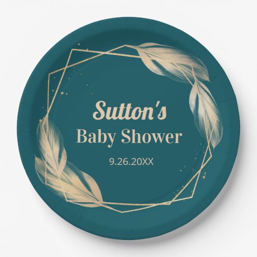 Golden Feathers op Blauwgroen Baby shower Papieren Bordje (Voorkant)