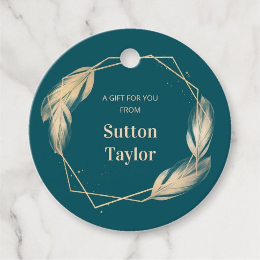 Golden Feathers op Blauwgroen Bedankjes Labels (Voorkant)