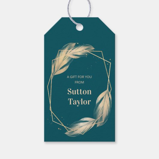 Golden Feathers op Blauwgroen Cadeaulabel (Voorkant)