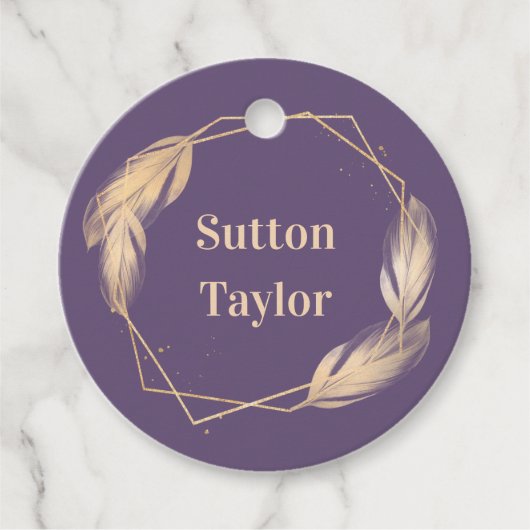 Golden Feathers op plum Bedankjes Labels (Voorkant)