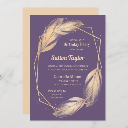 Golden Feathers op Plum Birthday Party Kaart (Voorkant / Achterkant)