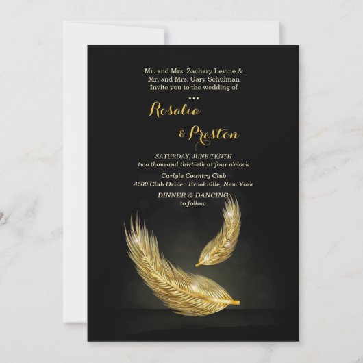 Golden Feathers Wedding Invitations Kaart (Voorkant)