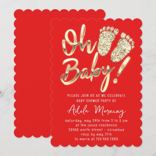 Golden Feet Baby Girl Boy Shower Red Kaart (Voorkant / Achterkant)