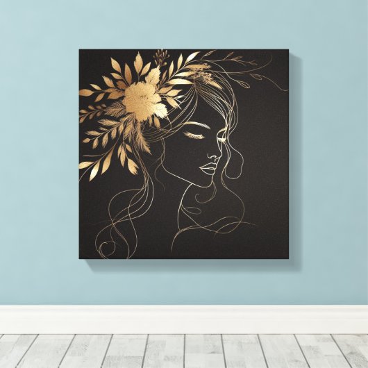 Golden Feminine Line Art Face with Floral Crown Canvas Afdruk (Insitu (Houten vloer))