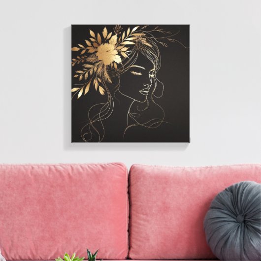 Golden Feminine Line Art Face with Floral Crown Canvas Afdruk (Insitu (Woonkamer))