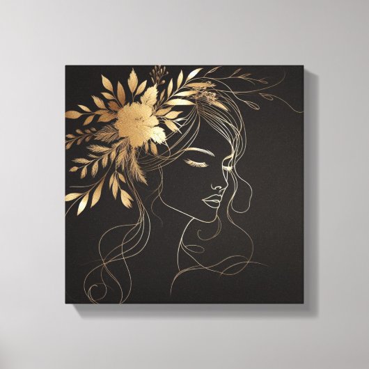Golden Feminine Line Art Face with Floral Crown Canvas Afdruk (Voorkant)