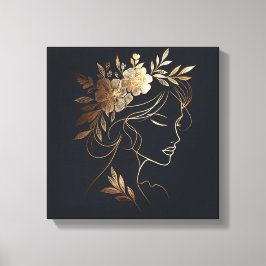 Golden Feminine Line Art Portrait with Floral Crow Canvas Afdruk