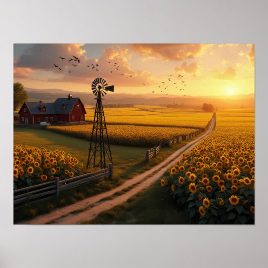 Golden Fields: Sunflowers and Serenity at Sunset Poster (Voorkant)