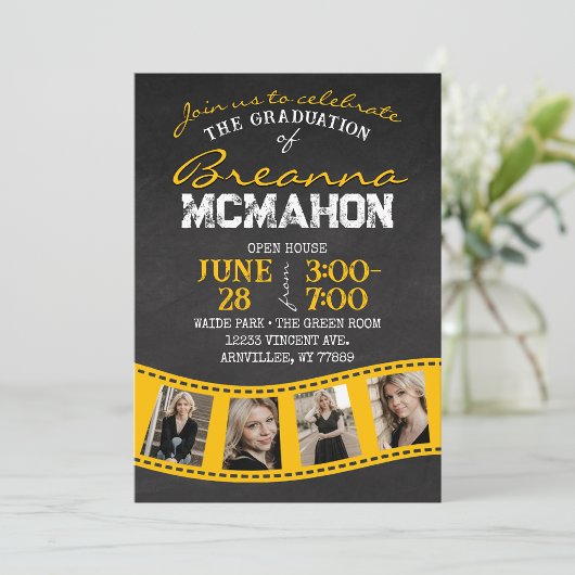 Golden Filmstrip Chalkboard Afstuderen Invitation Kaart