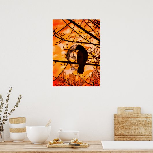 Golden Fire Raven Face Poster (Keuken)