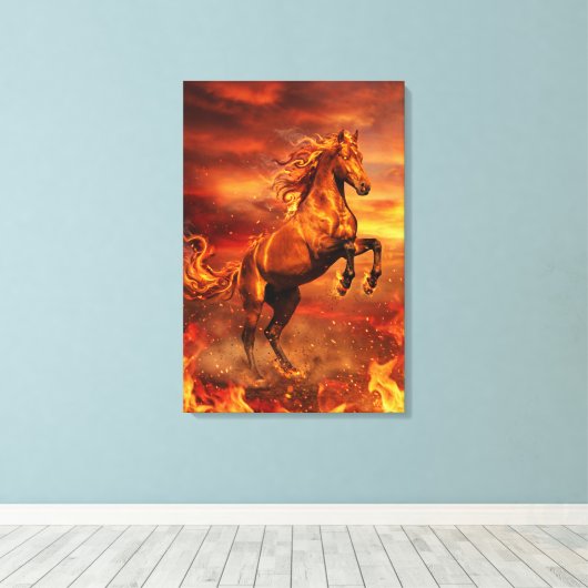 Golden Fire Stallion – Powerful Fantasy Canvas Afdruk (Insitu (Houten vloer))