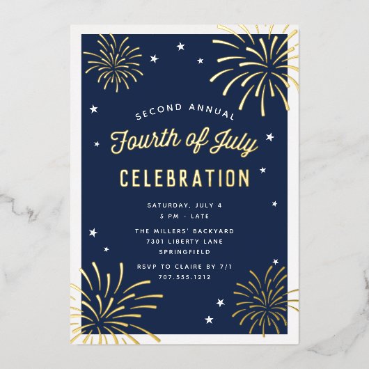 Golden Fireworks Vierde van juli Folie Uitnodiging (Voorkant)