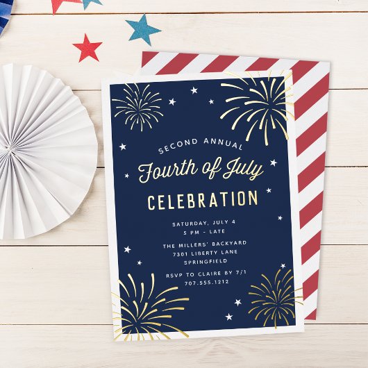 Golden Fireworks Vierde van juli Folie Uitnodiging