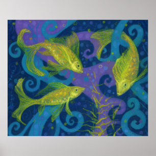 Golden Fish, Blauw & Geel, Onderwaterkunst Poster