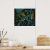Golden Fish Underwater Animals die zwart Blauwgroe Poster (Keuken)