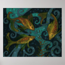 Golden Fish Underwater Animals die zwart Blauwgroe Poster