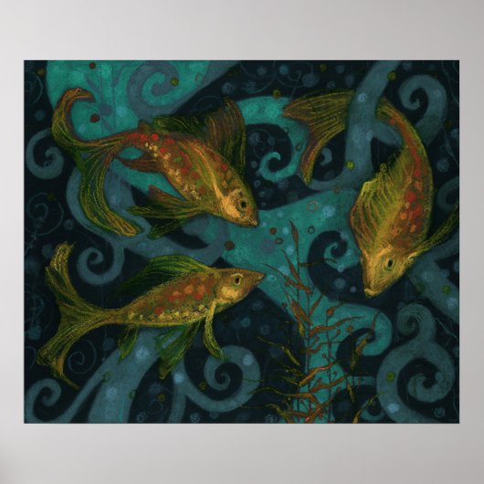Golden Fish Underwater Animals die zwart Blauwgroe Poster (Voorkant)