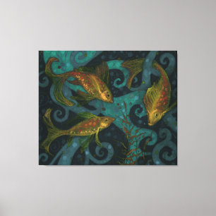 Golden Fish, zwart & Blauwgroen, onderwatercanvas  Canvas Afdruk