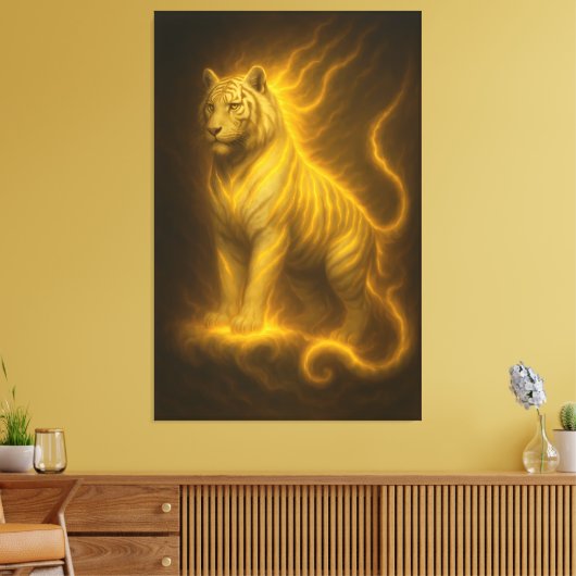 Golden Flame White Tiger – Divine Spirit Guardian Canvas Afdruk (Insitu (Woonkamer))