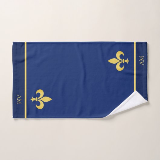 Golden Fleur de Lis en Monogram op Navy Blue Bad Handdoek (Handdoek)
