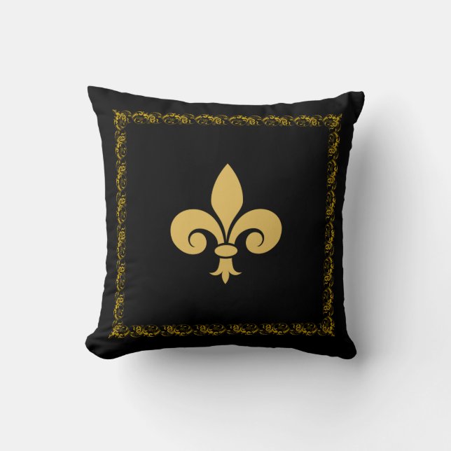 Golden Fleur de Lis met Floral Lijst op zwart Kussen (Voorkant)