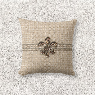 Golden Fleur De Lis met het Cream Damask Pattern Kussen