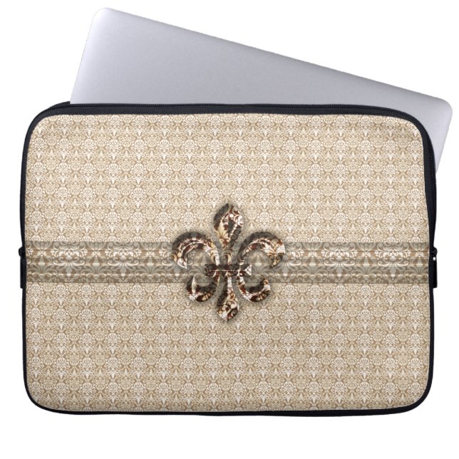 Golden Fleur De Lis met het Cream Damask Pattern Laptop Sleeve (Voorkant)