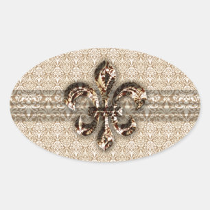 Golden Fleur De Lis met het Cream Damask Pattern Ovale Sticker