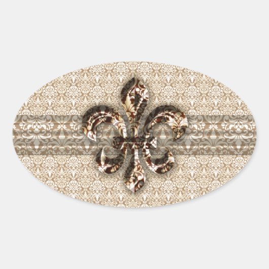 Golden Fleur De Lis met het Cream Damask Pattern Ovale Sticker (Voorkant)