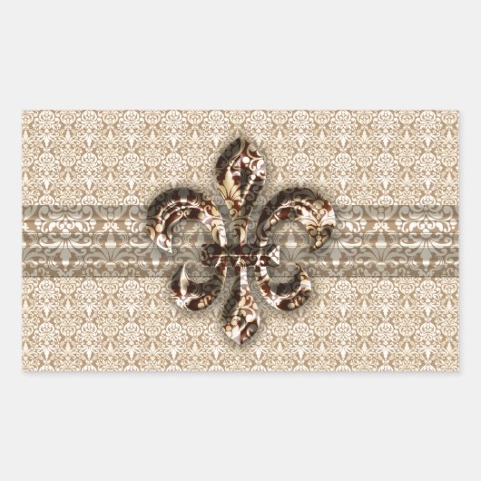 Golden Fleur De Lis met het Cream Damask Pattern Rechthoekige Sticker (Voorkant)