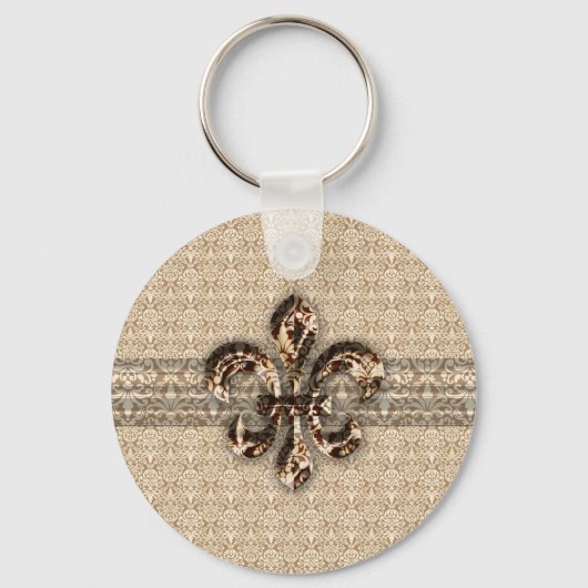Golden Fleur De Lis met het Cream Damask Pattern Sleutelhanger (Voorkant)