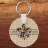 Golden Fleur De Lis met het Cream Damask Pattern Sleutelhanger (Voorkant)